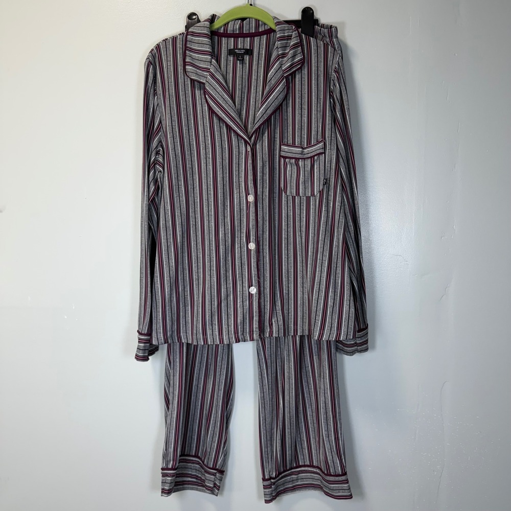 Simply Vera Vera Wang Womens Pajama Set Large Gray Burgundy Striped 2 Piece L